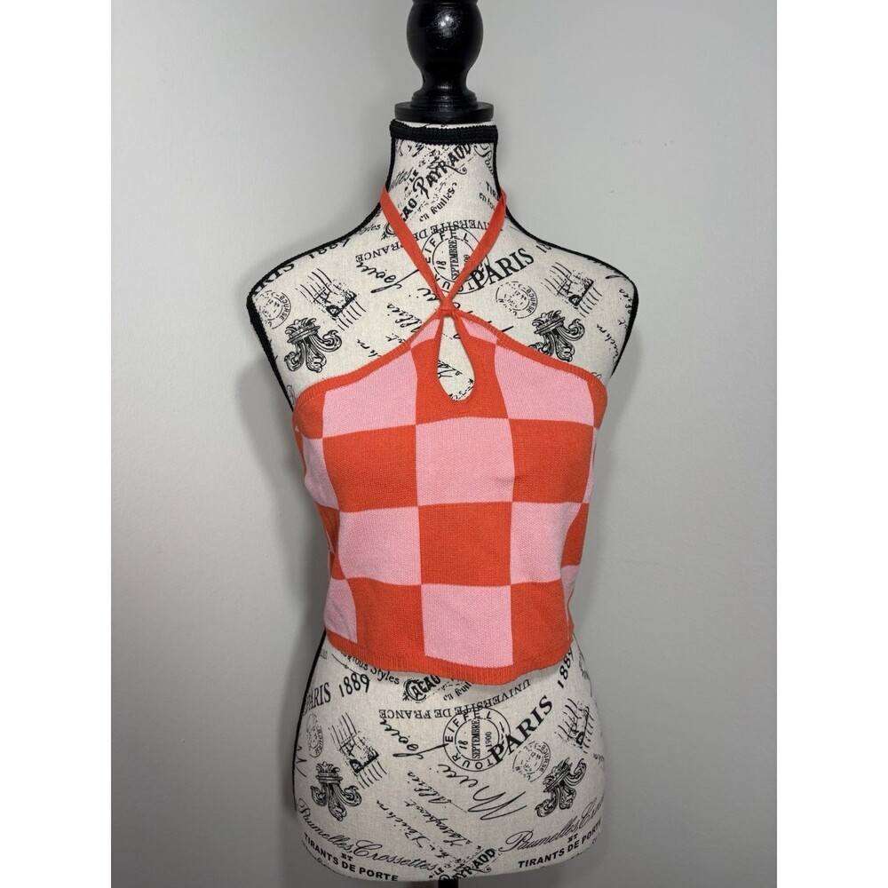 Dash of Nash Knit Pink Orange Check Halter Cropped Tank Top Size L